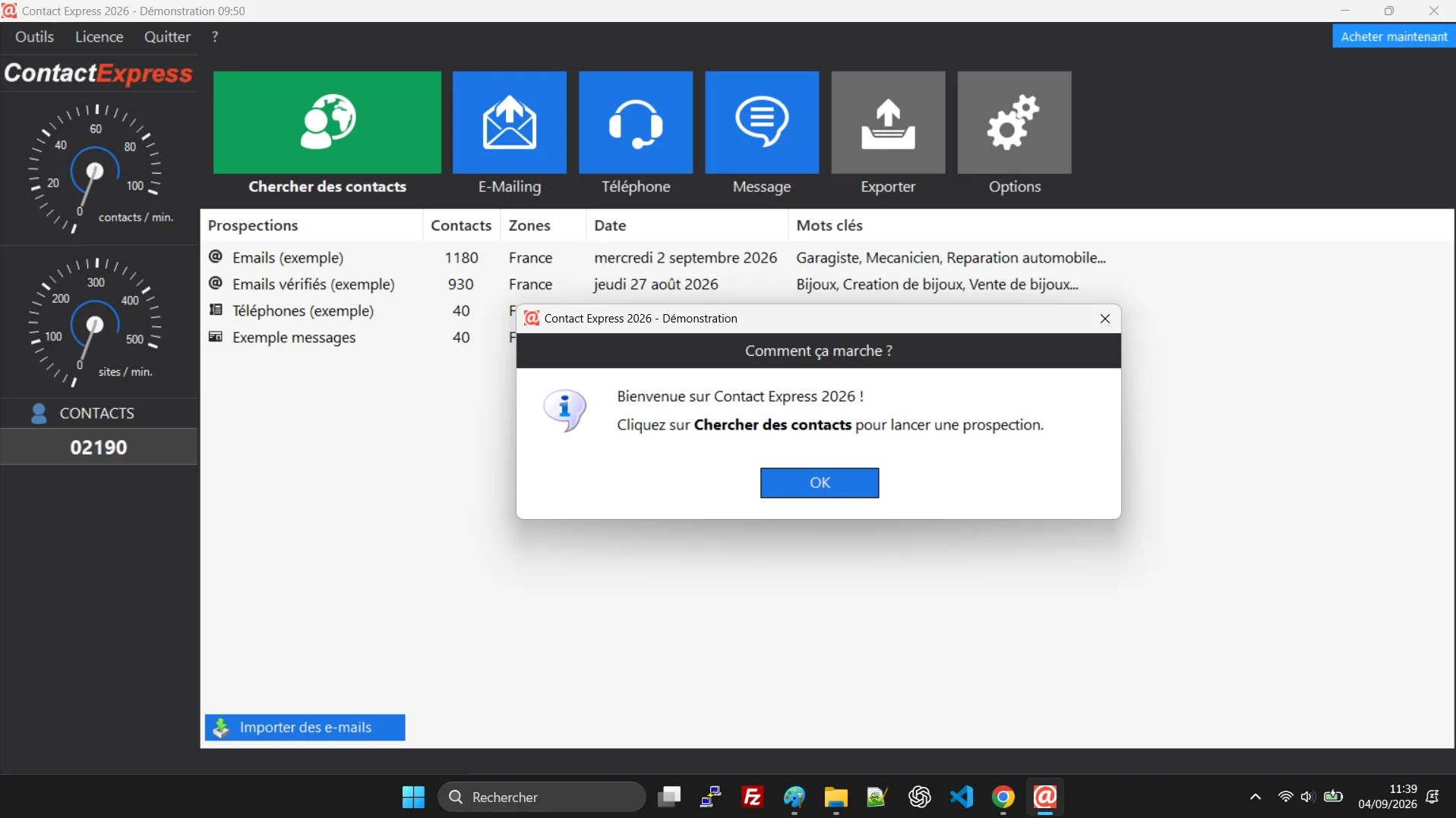 Interface de Contact Express : recherche et exploitation de coordonnées professionnelles